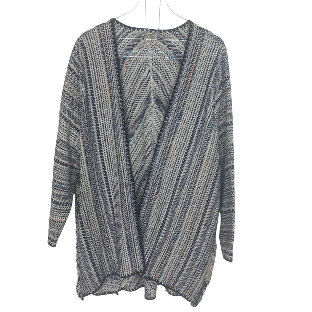 Lucky Brand Open Front Cardigan Sweater 1X Blue Beige Cotton Boho Southwestern